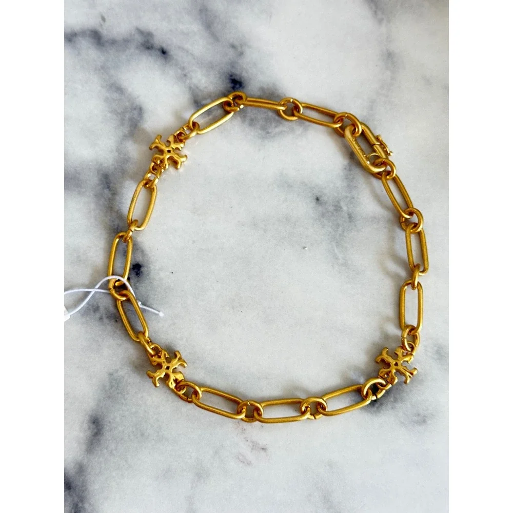 Tory Burch Roxanne Gold Tone Paperclip Chain Necklace Logo Charms 15.5 Inch